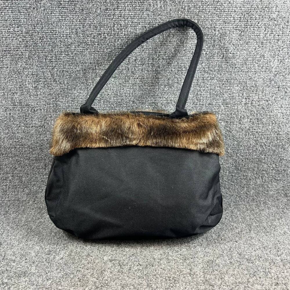 Murval Black Tote Bag Faux Fur Trim Fabric Shoulder Handbag New